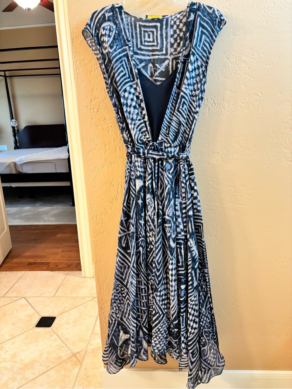 Ralph Lauren Navy and White Geometric V-Neck Midi Dress